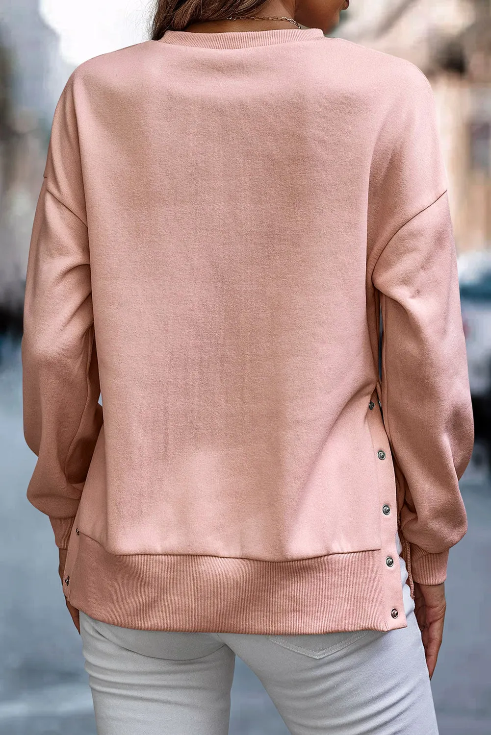 Light Pink Button Split Sides Solid Color Sweatshirt