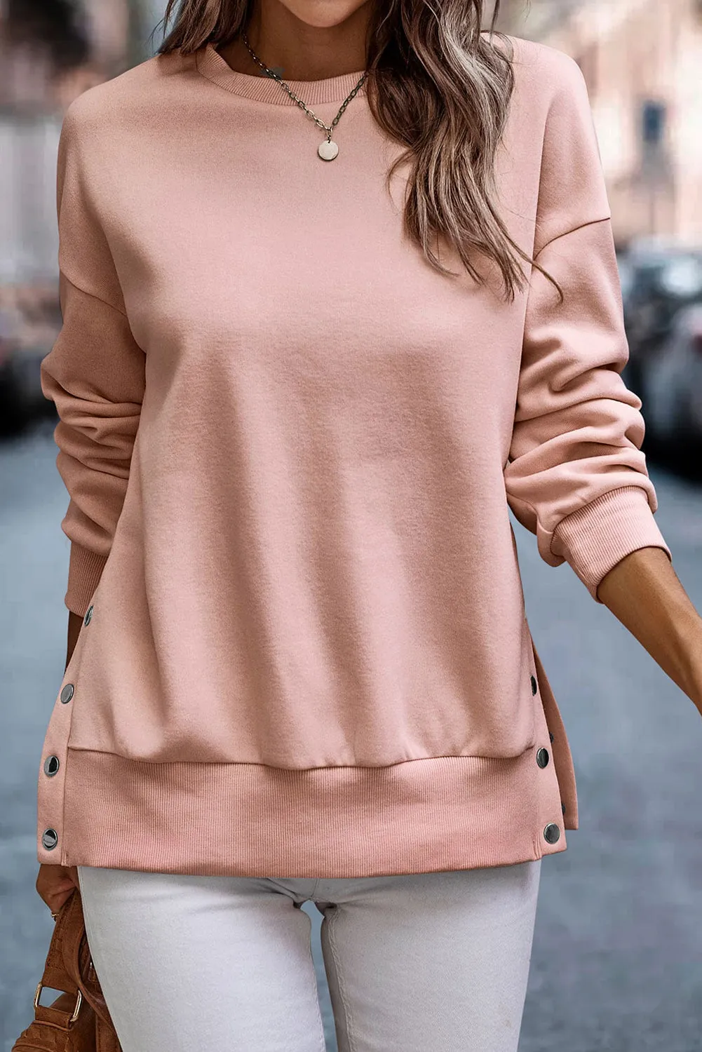 Light Pink Button Split Sides Solid Color Sweatshirt