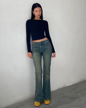 Low Rise Flared Jeans in Green Wash