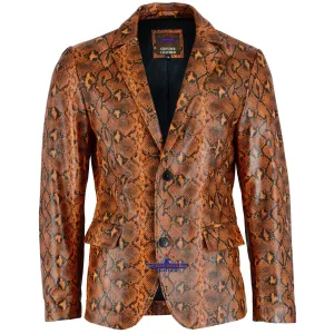 Men Fashion Real Leather Python Snake Cobra Textured Blazer Jacket Two Button