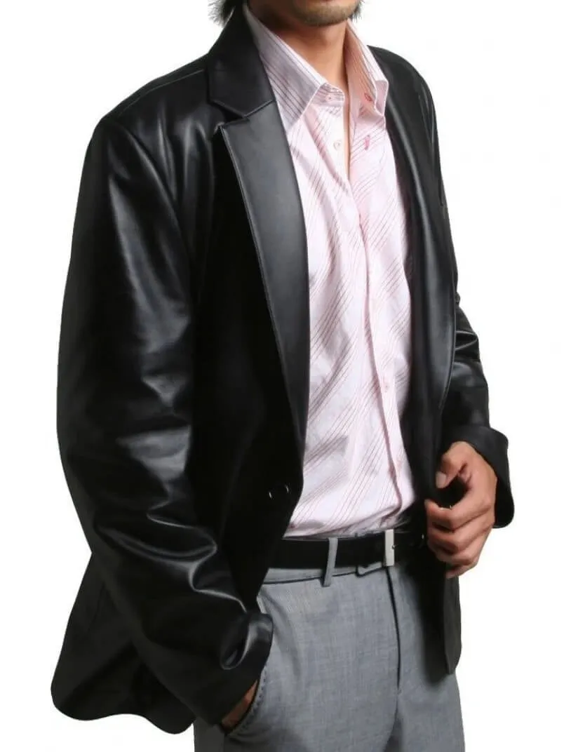 Men’s Black Lambskin Leather Blazer – One-Button Slim Fit Jacket