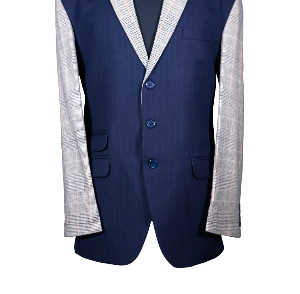 Men's Blue Striped Contrast Panel Wool Blazer (40R)