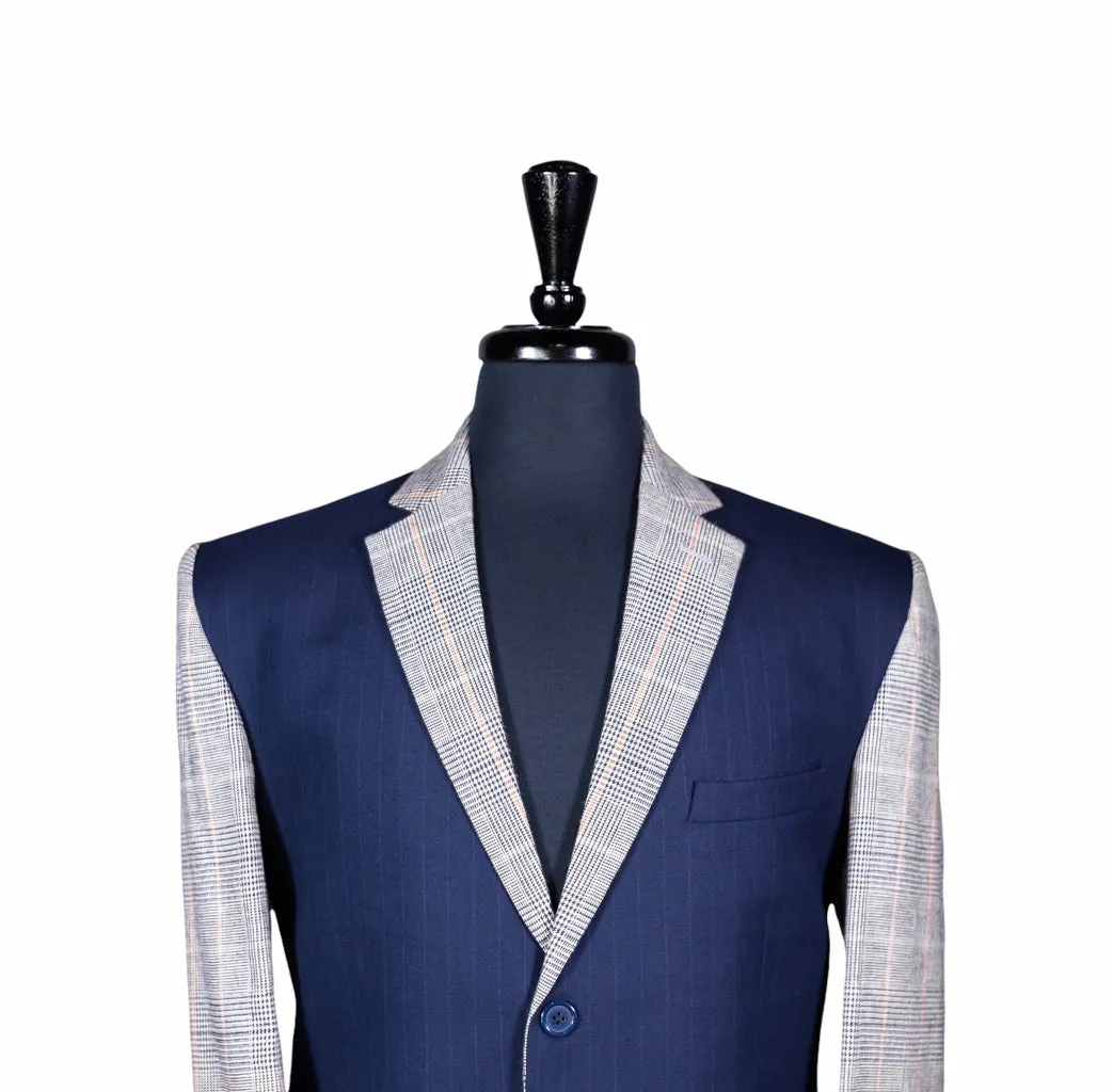 Men's Blue Striped Contrast Panel Wool Blazer (40R)