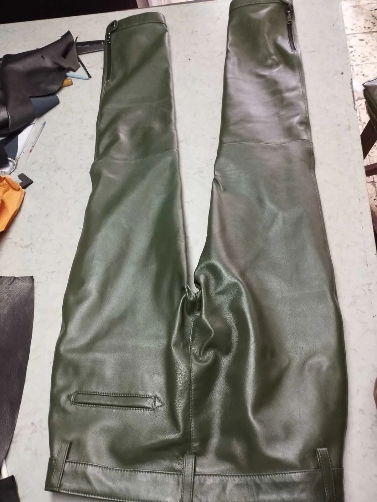 Men's Leather Forest Green Lambskin Sweat Pants. Handmade Soft Leather trousers.