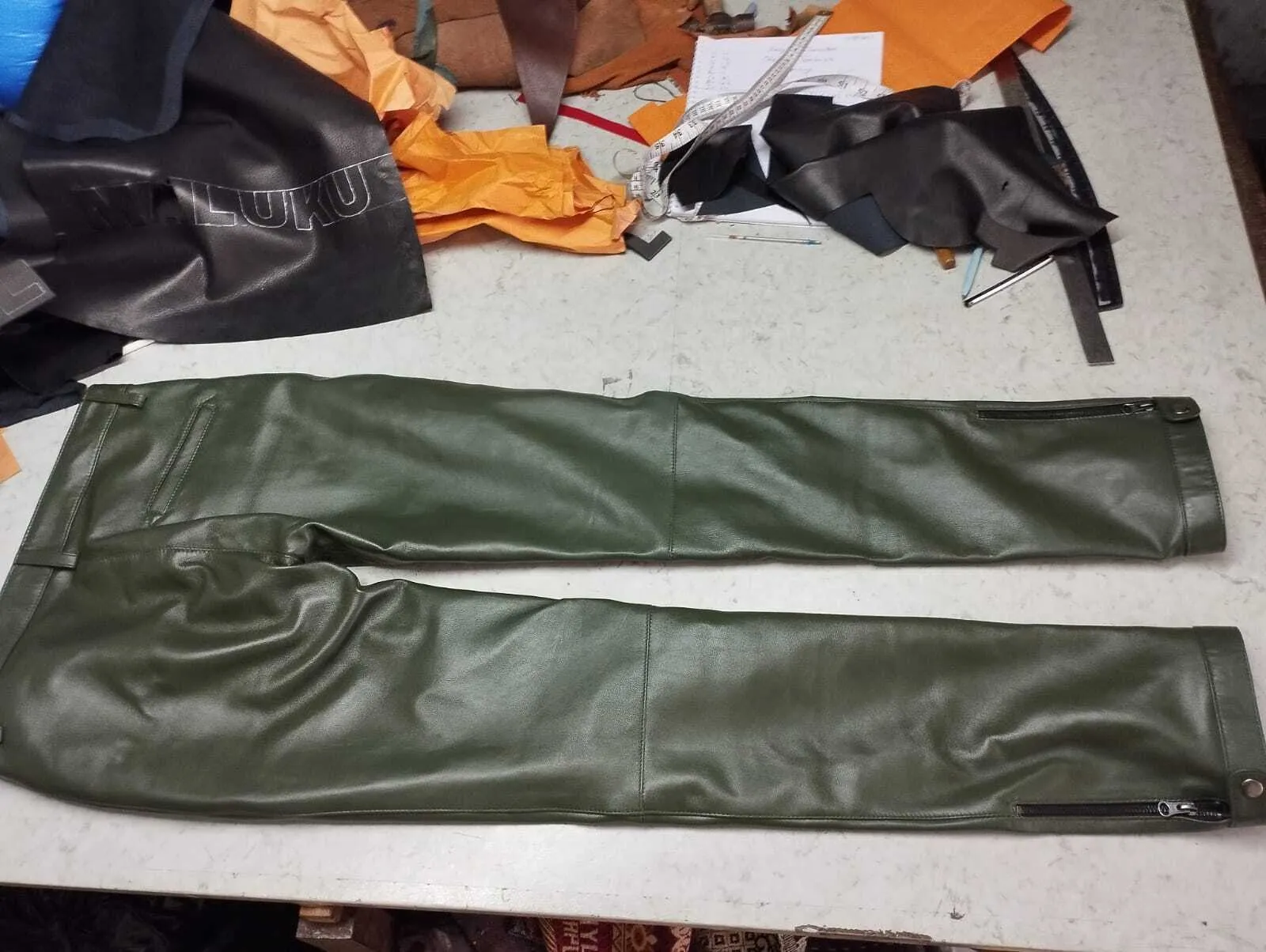 Men's Leather Forest Green Lambskin Sweat Pants. Handmade Soft Leather trousers.