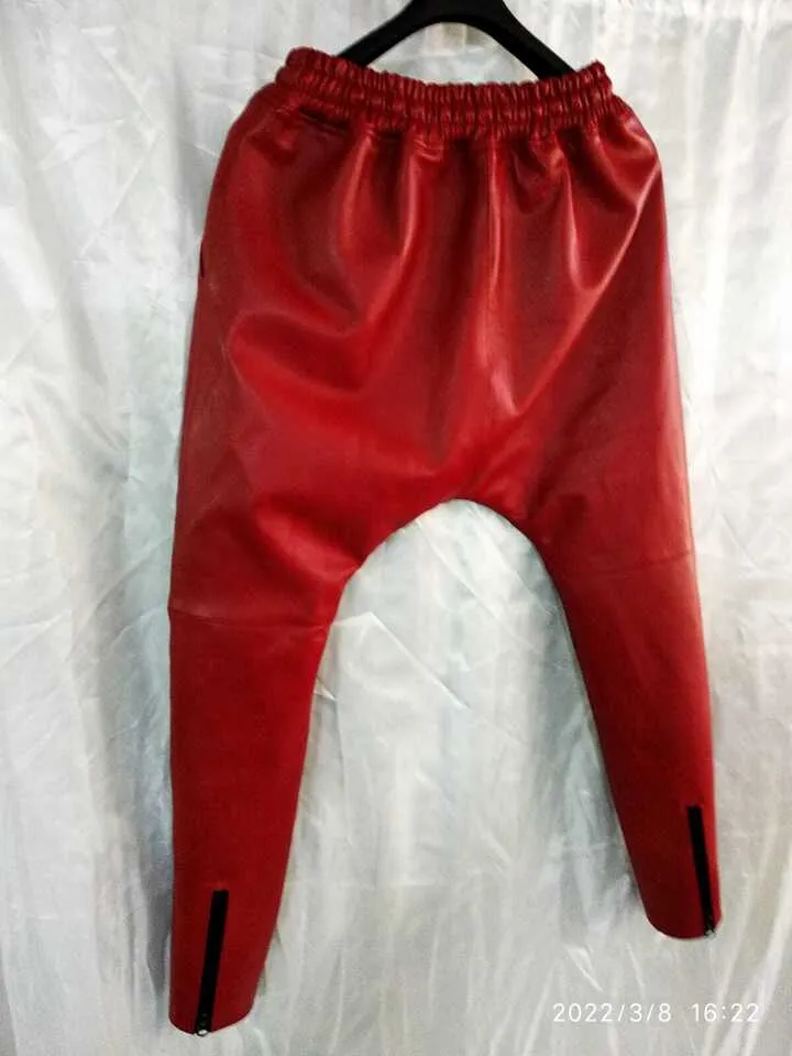 Men's Leather Red/Black Lambskin Sweat Pants. Handmade Soft Leather Joggers trousers.