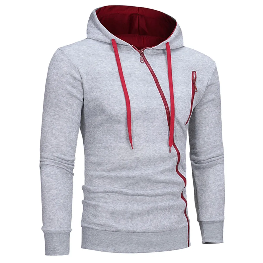Men's Oblique Zippers Solid Color Block Fleece Hoodie