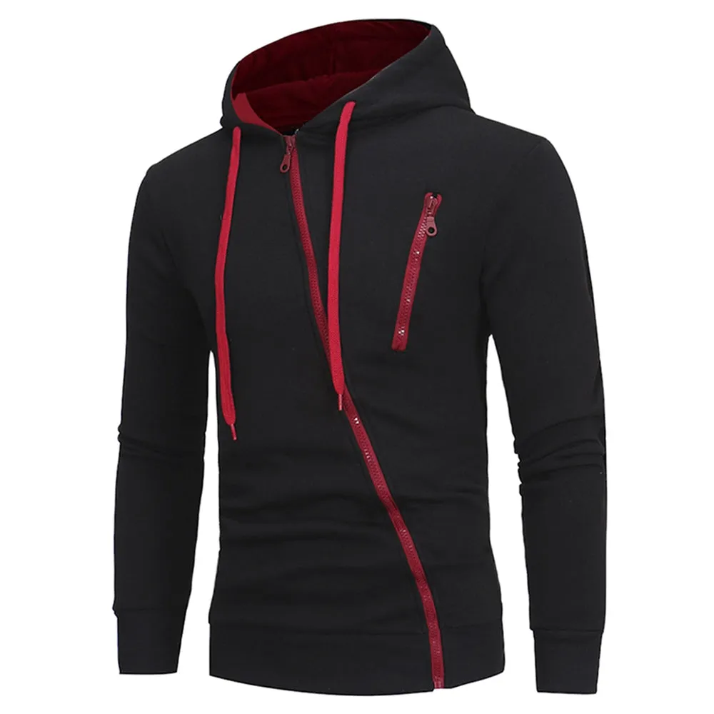 Men's Oblique Zippers Solid Color Block Fleece Hoodie
