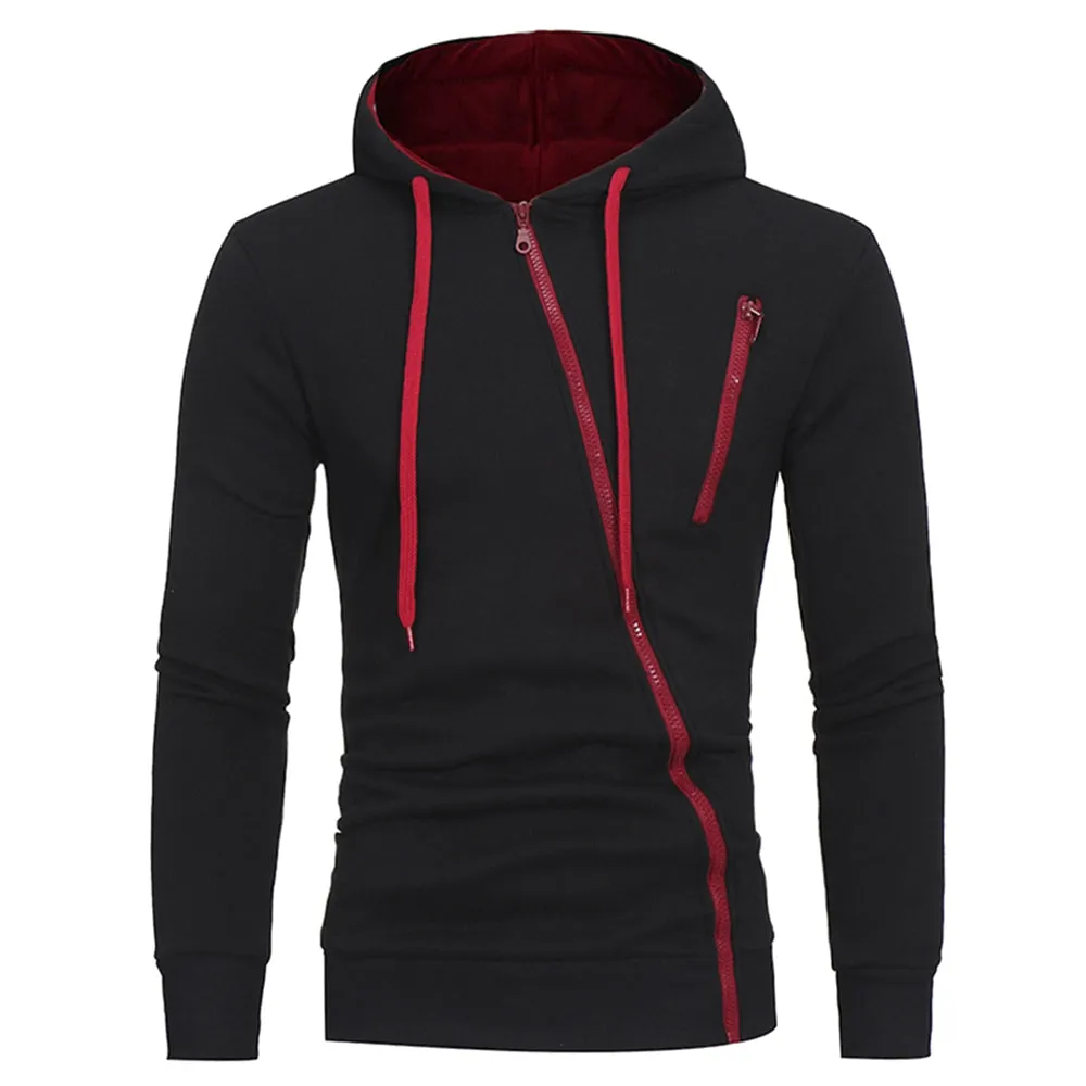 Men's Oblique Zippers Solid Color Block Fleece Hoodie
