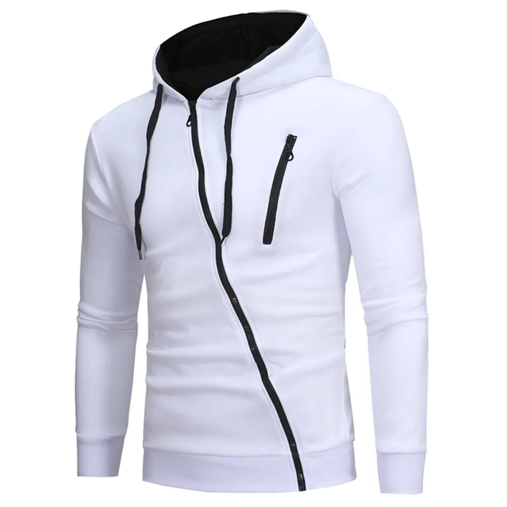 Men's Oblique Zippers Solid Color Block Fleece Hoodie