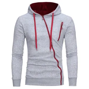Men's Oblique Zippers Solid Color Block Fleece Hoodie