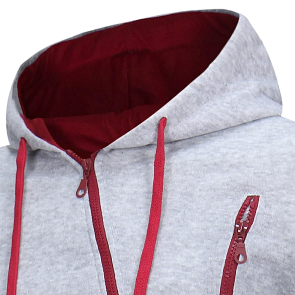 Men's Oblique Zippers Solid Color Block Fleece Hoodie