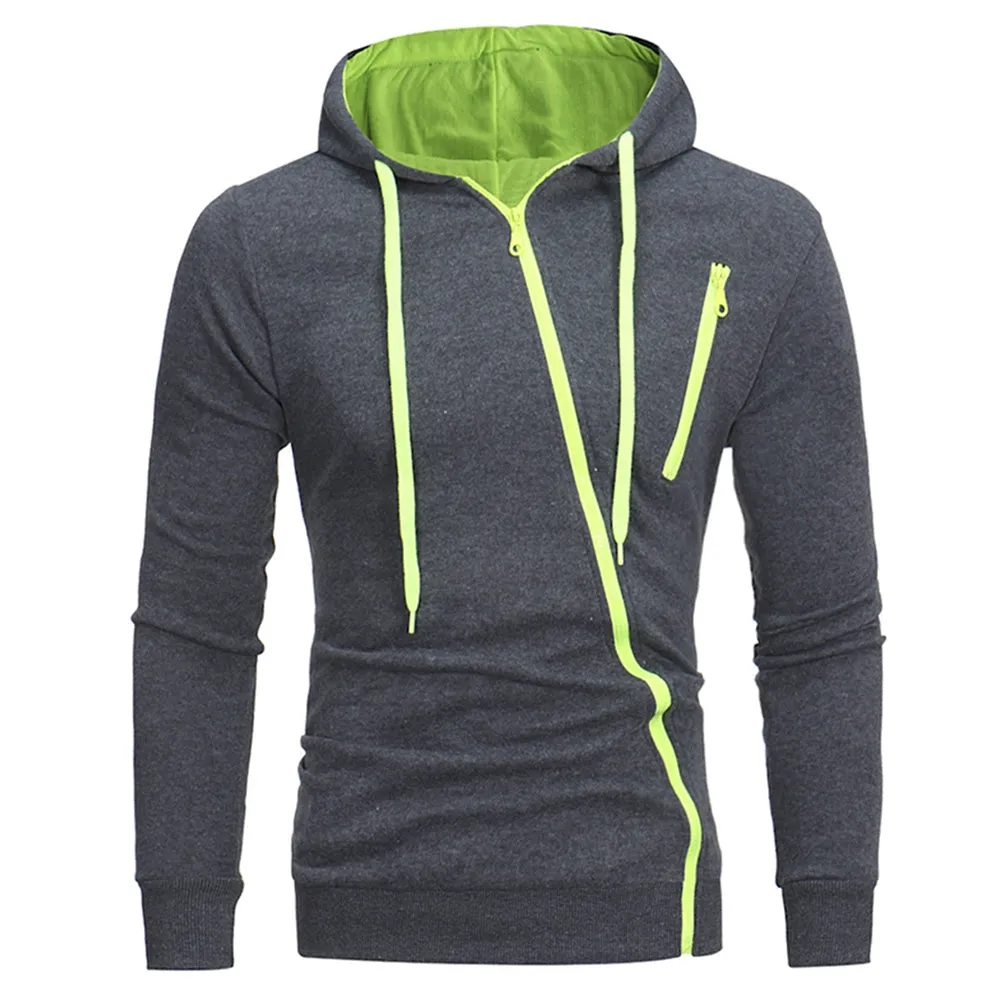 Men's Oblique Zippers Solid Color Block Fleece Hoodie