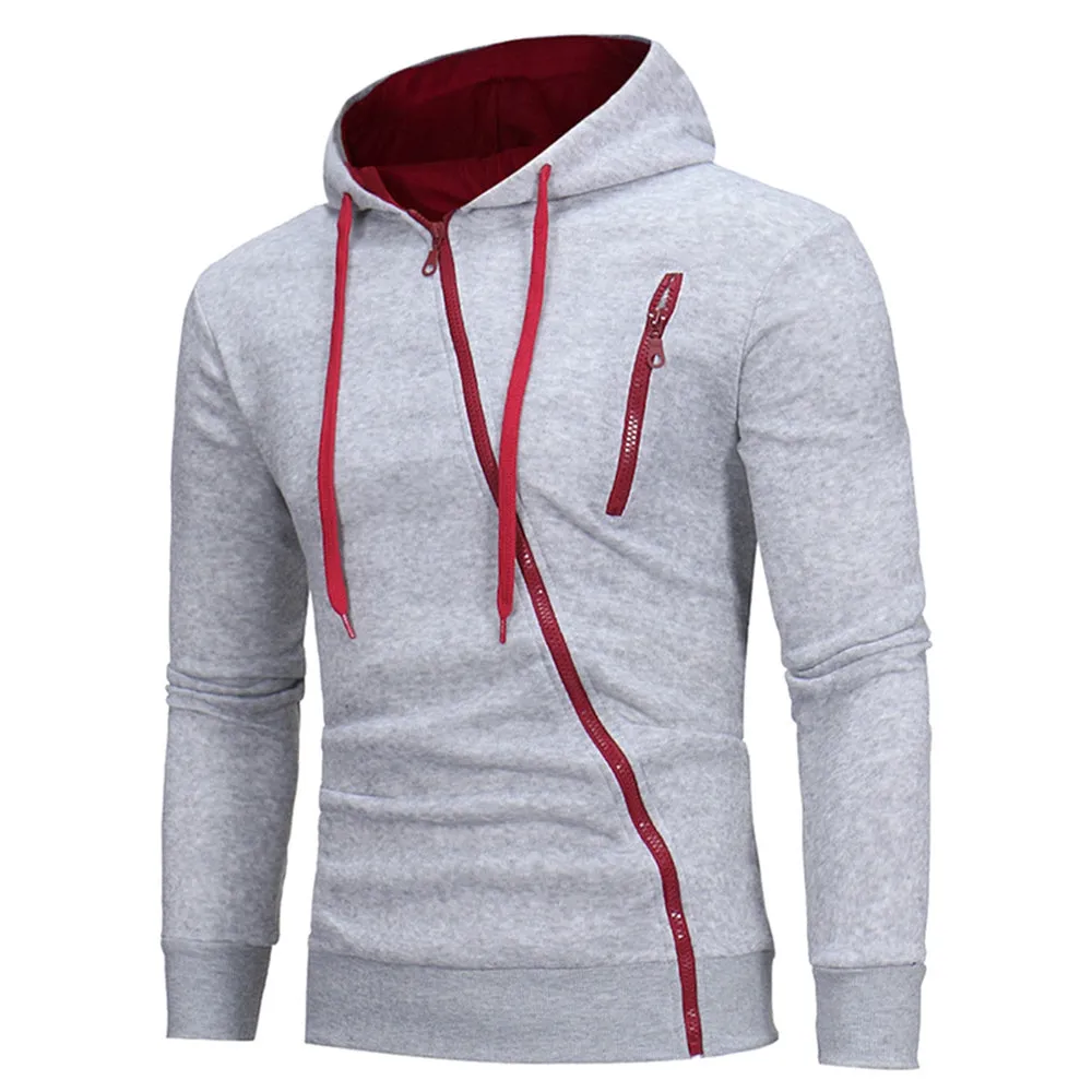 Men's Oblique Zippers Solid Color Block Fleece Hoodie
