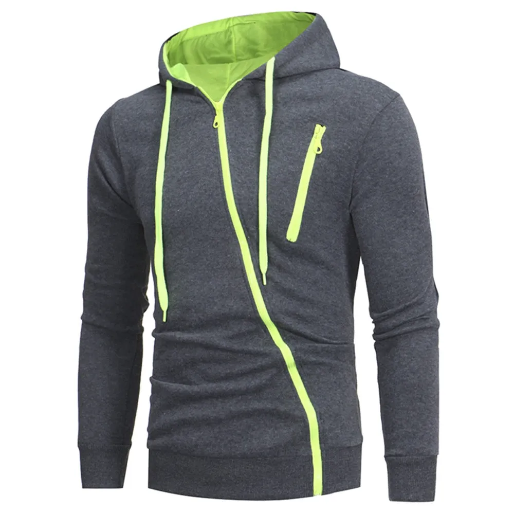 Men's Oblique Zippers Solid Color Block Fleece Hoodie