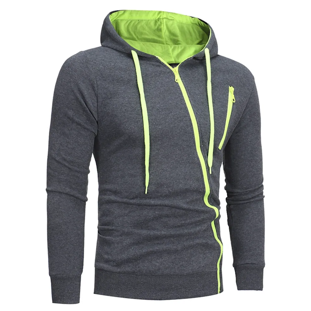 Men's Oblique Zippers Solid Color Block Fleece Hoodie