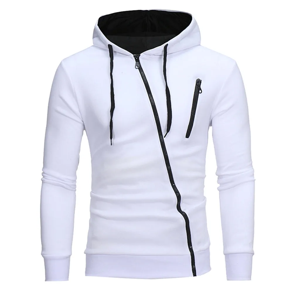 Men's Oblique Zippers Solid Color Block Fleece Hoodie