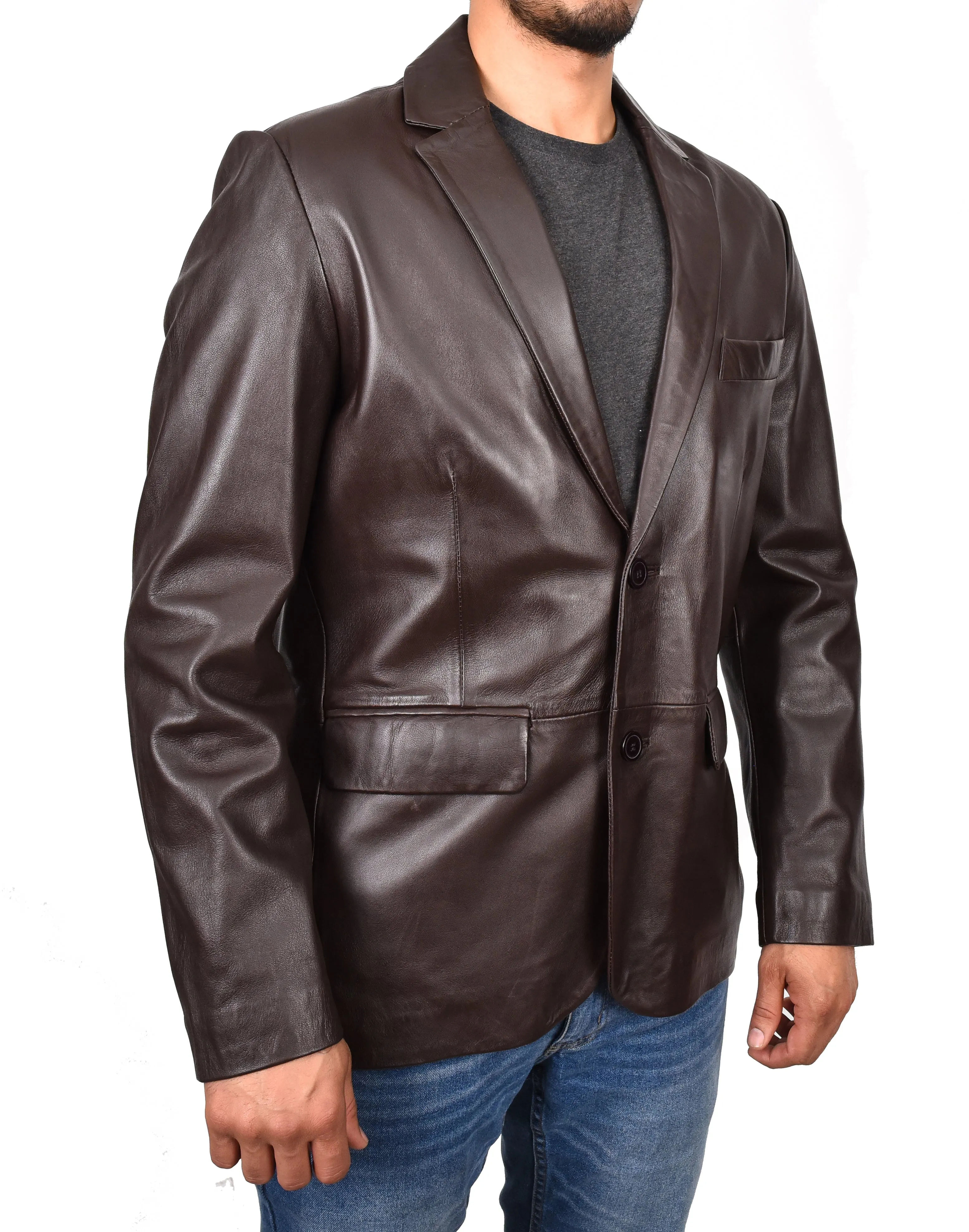 Men's Smart Formal Blazer Real Leather Jacket Brown Dazelle