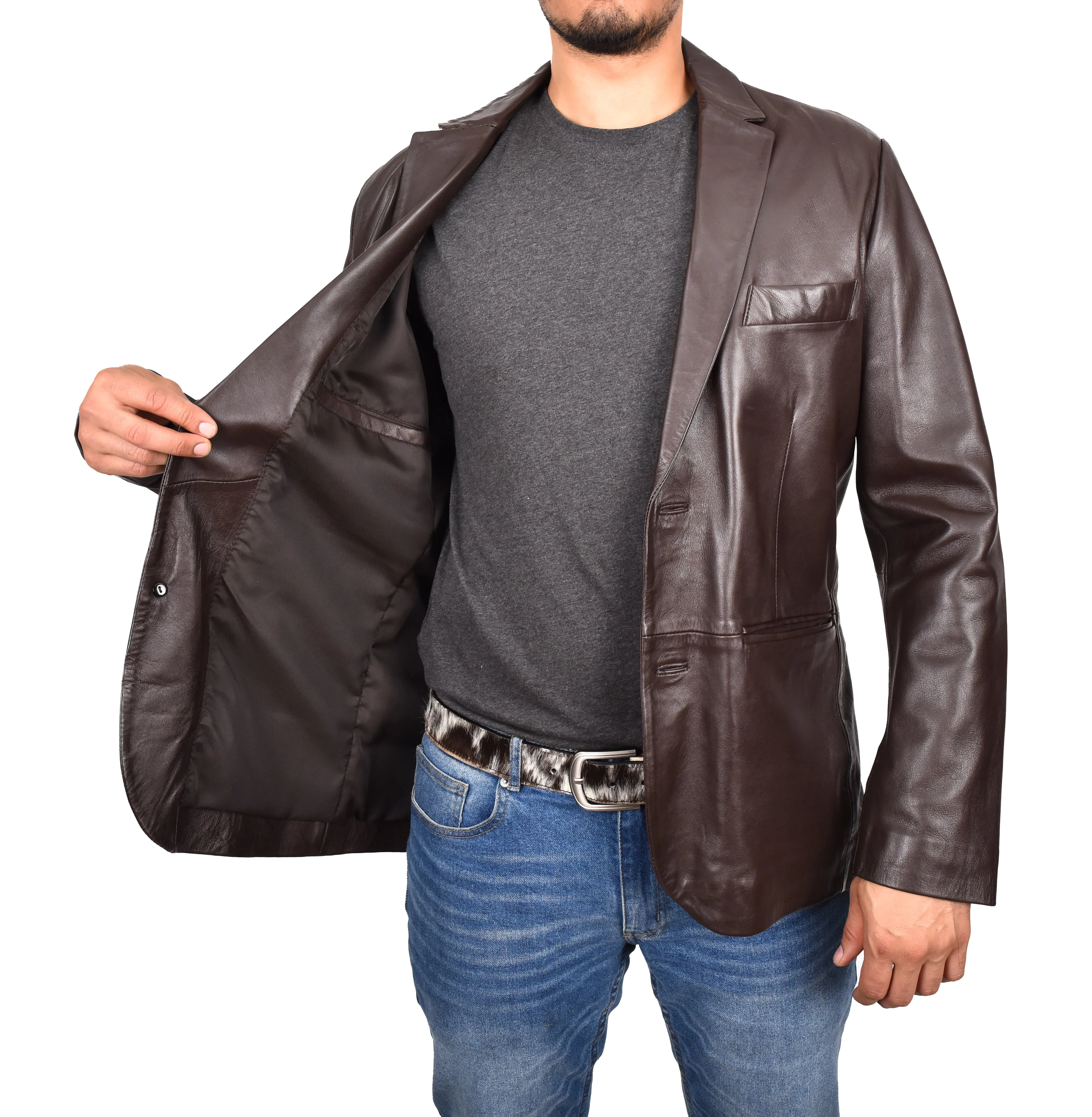 Men's Smart Formal Blazer Real Leather Jacket Brown Dazelle