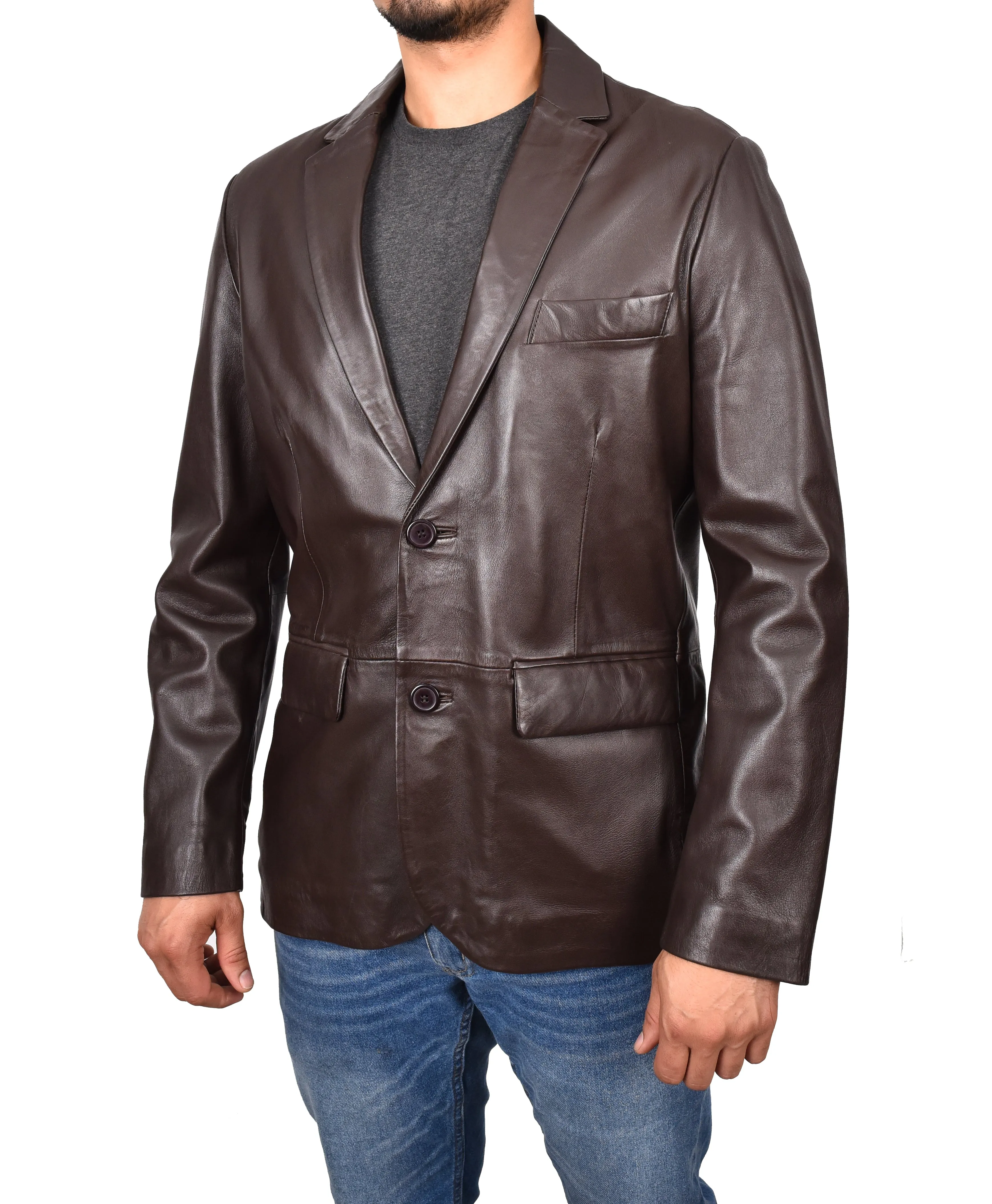 Men's Smart Formal Blazer Real Leather Jacket Brown Dazelle