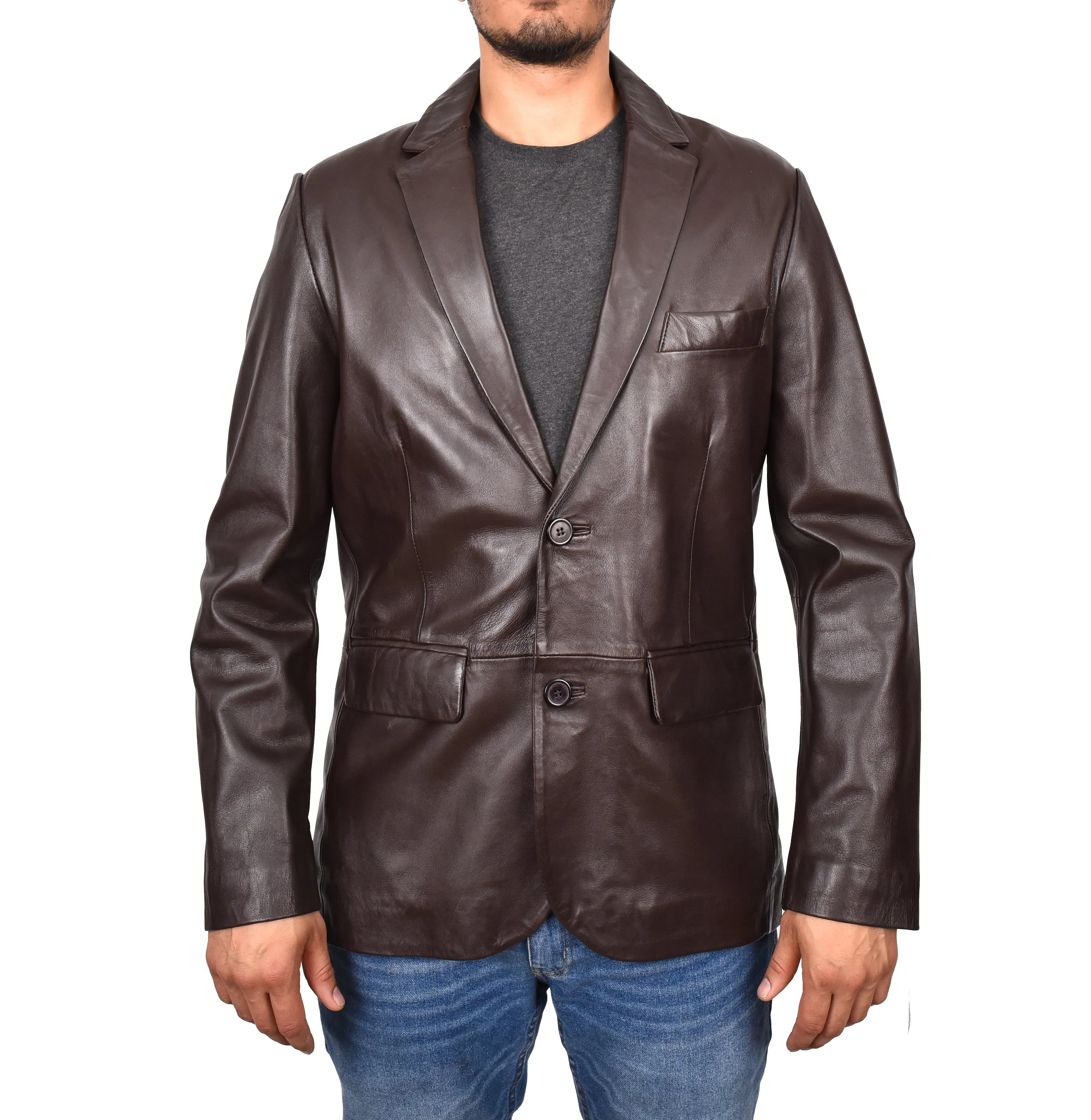 Men's Smart Formal Blazer Real Leather Jacket Brown Dazelle