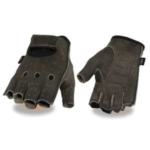 MG7557 Men's Grey Leather Gel Padded Palm Fingerless Motorcycle Hand Gloves W/ Breathable ‘Open Knuckle’