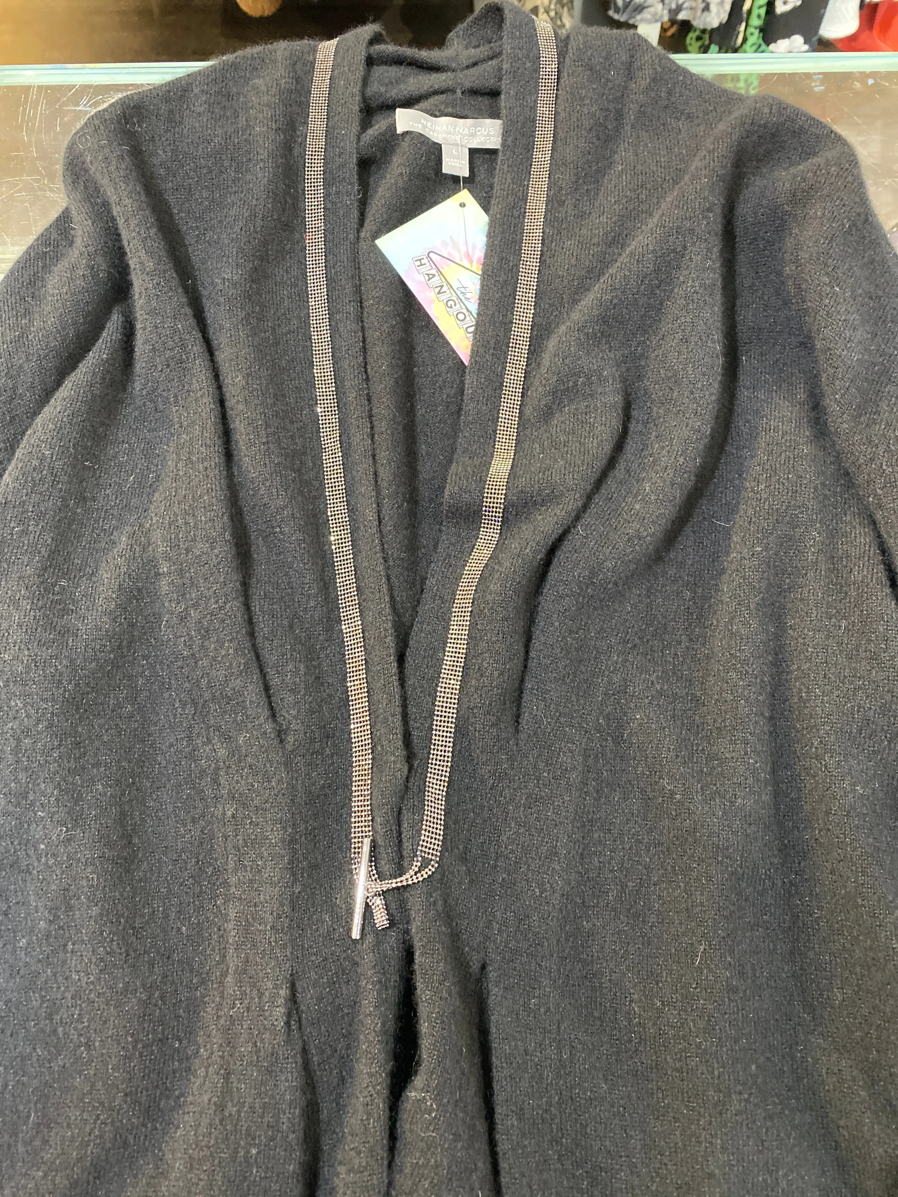 Neiman Marcus Cashmere Black Cardigan with Silver TRim