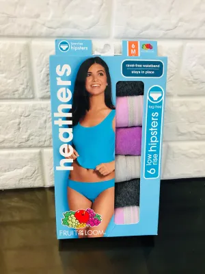 New in package! Fruit of the Loom Women's 6 Pack Heather Low-Rise Hipster Panties, Assorted Colours, Sz M!