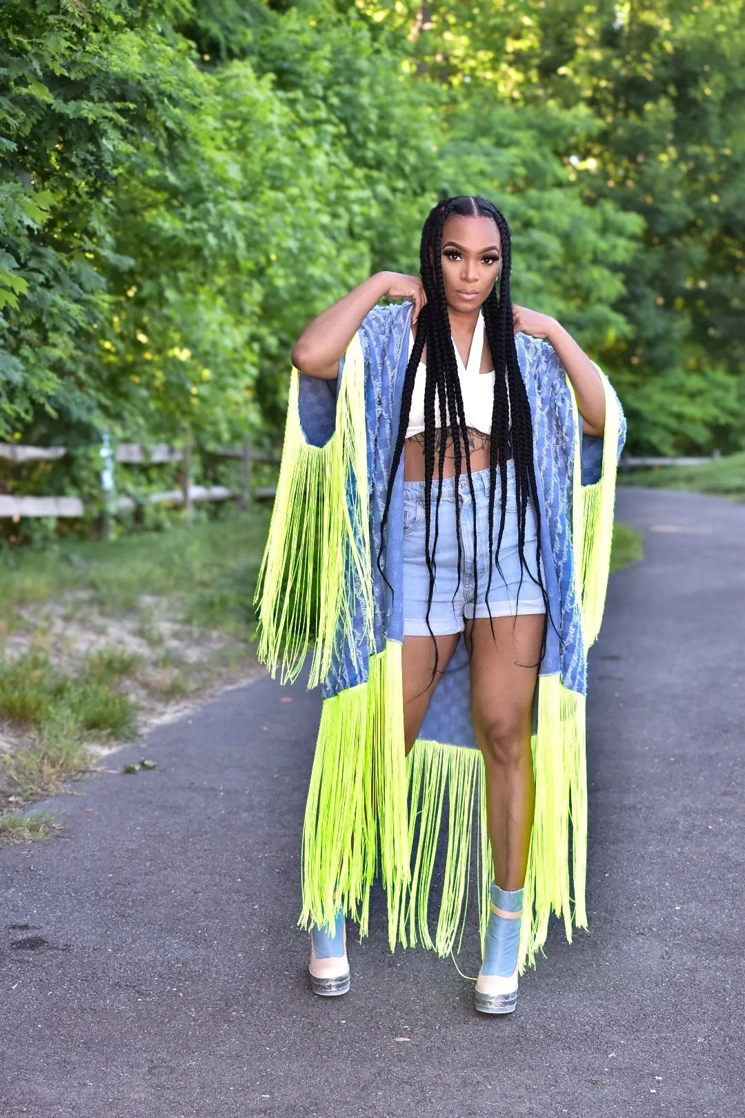 Nori Distressed Denim and Tassel Cardigan