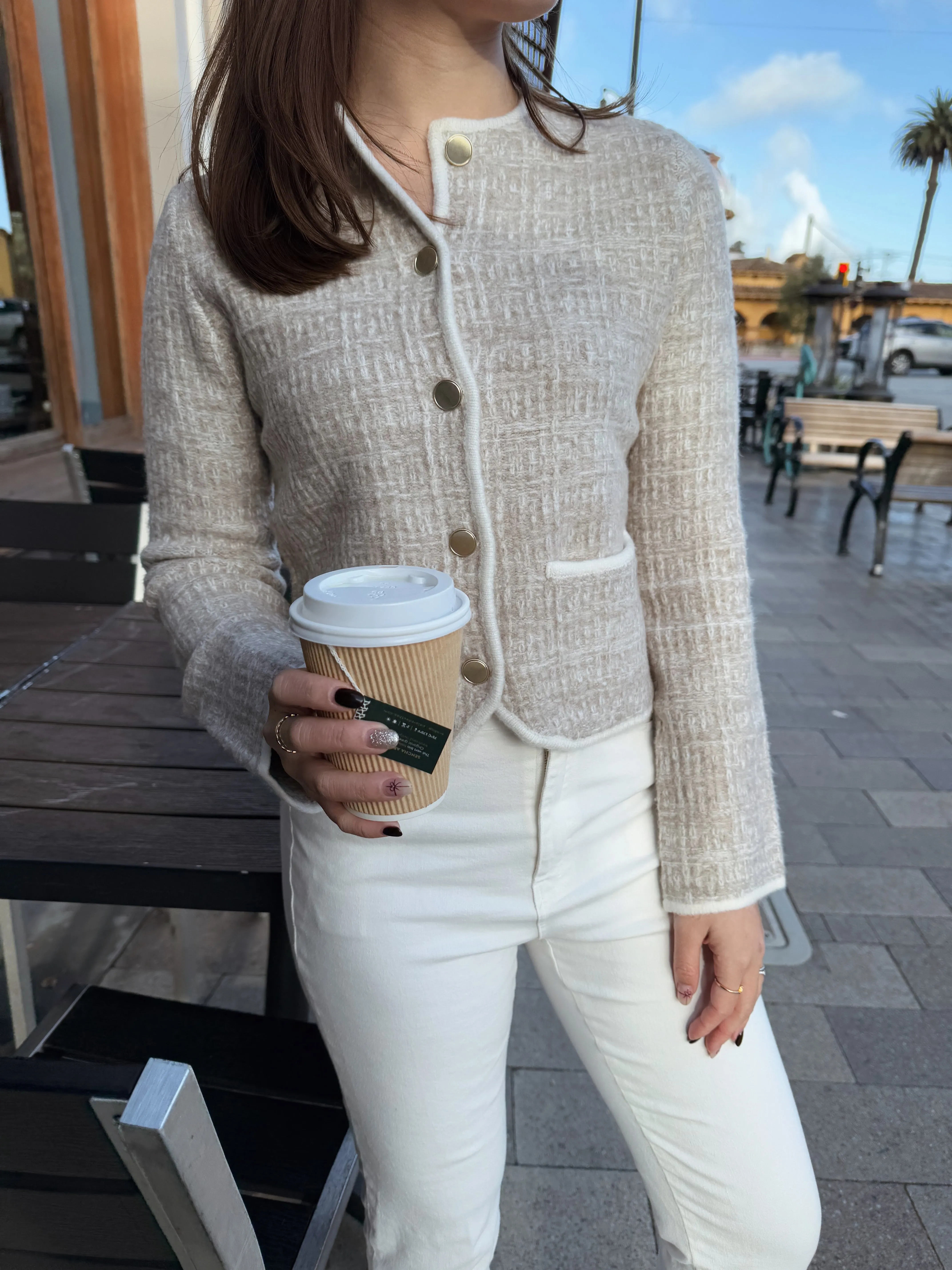 Novelty Button Tweed-Inspired Sweater Jacket