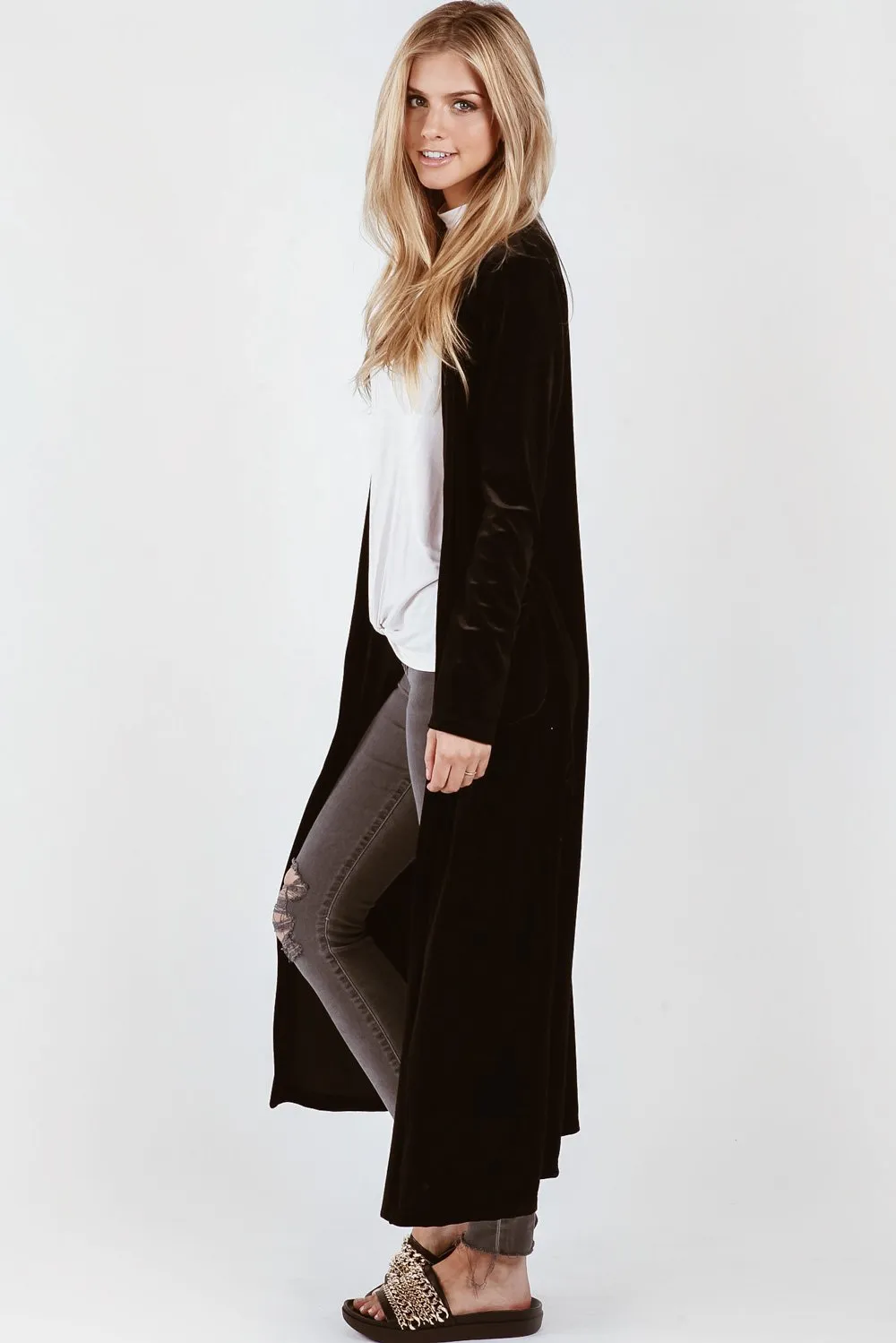 On The Road Erica Velvet Cardigan | Black Suede