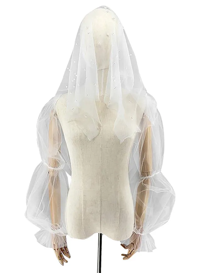 Pearl Beaded Bridal Chapel Veil with Fingerless Sheer Gloves