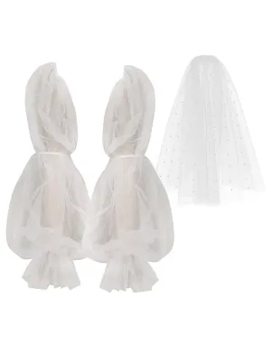 Pearl Beaded Bridal Chapel Veil with Fingerless Sheer Gloves