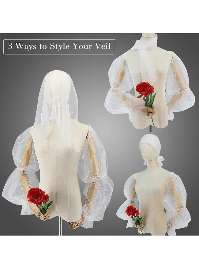 Pearl Beaded Bridal Chapel Veil with Fingerless Sheer Gloves