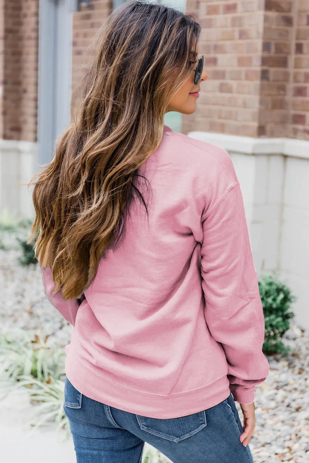 Pink Solid Color Crewneck Pullover Sweatshirt