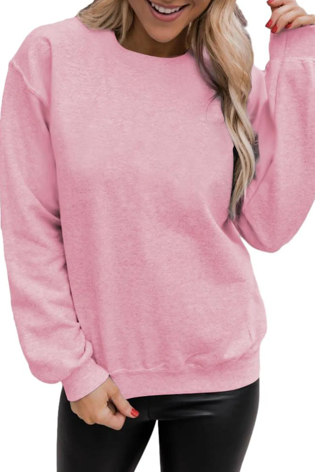 Pink Solid Color Crewneck Pullover Sweatshirt