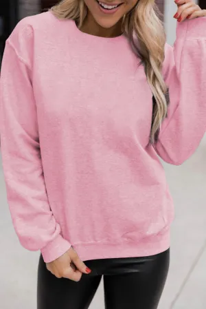 Pink Solid Color Crewneck Pullover Sweatshirt