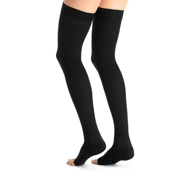 PR/1 JOBST OPAQUE WOMEN, THIGH HIGH W/SIL DOT BAND, 15-20MMHG, XL, CLASSIC BLACK, OPEN TOE
