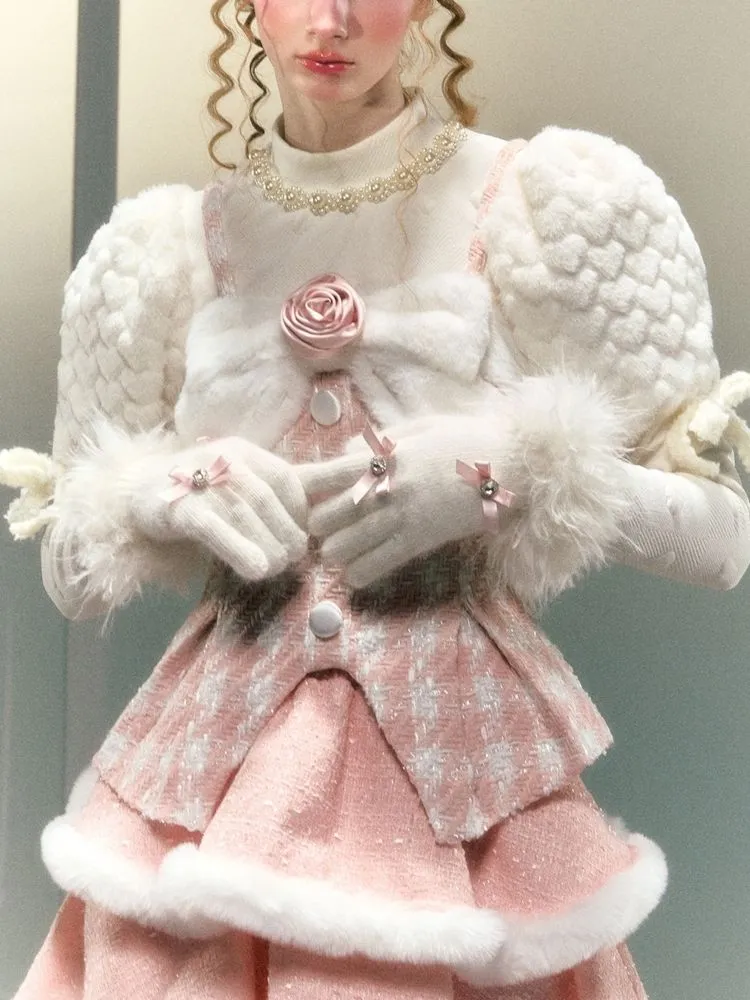 rabbit fur warm fingerless gloves