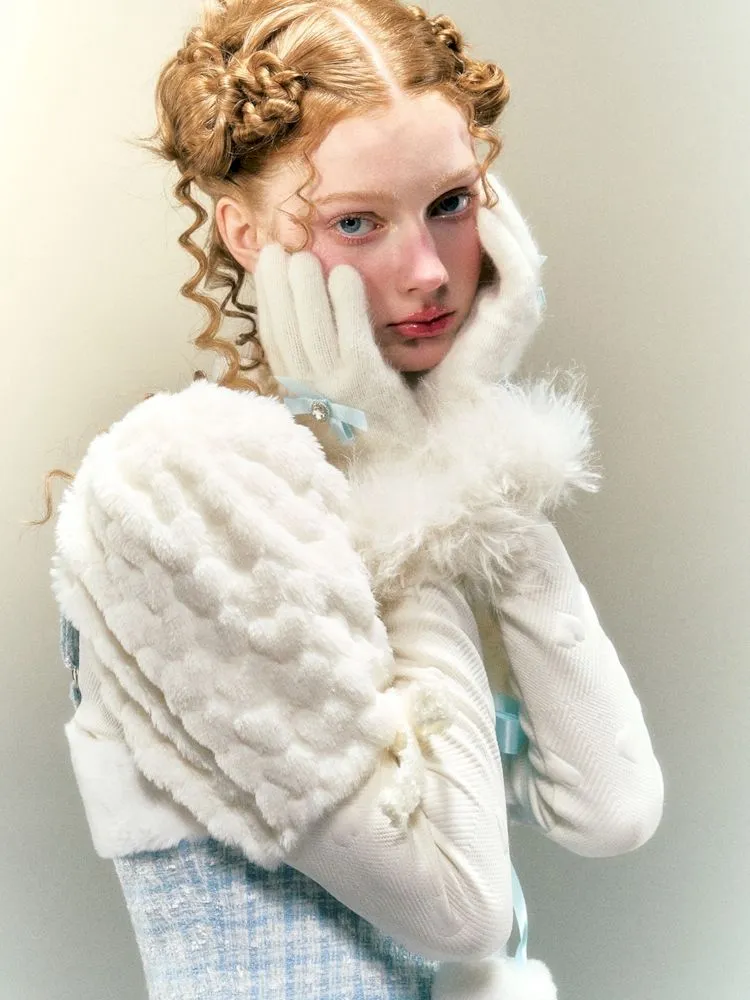 rabbit fur warm fingerless gloves