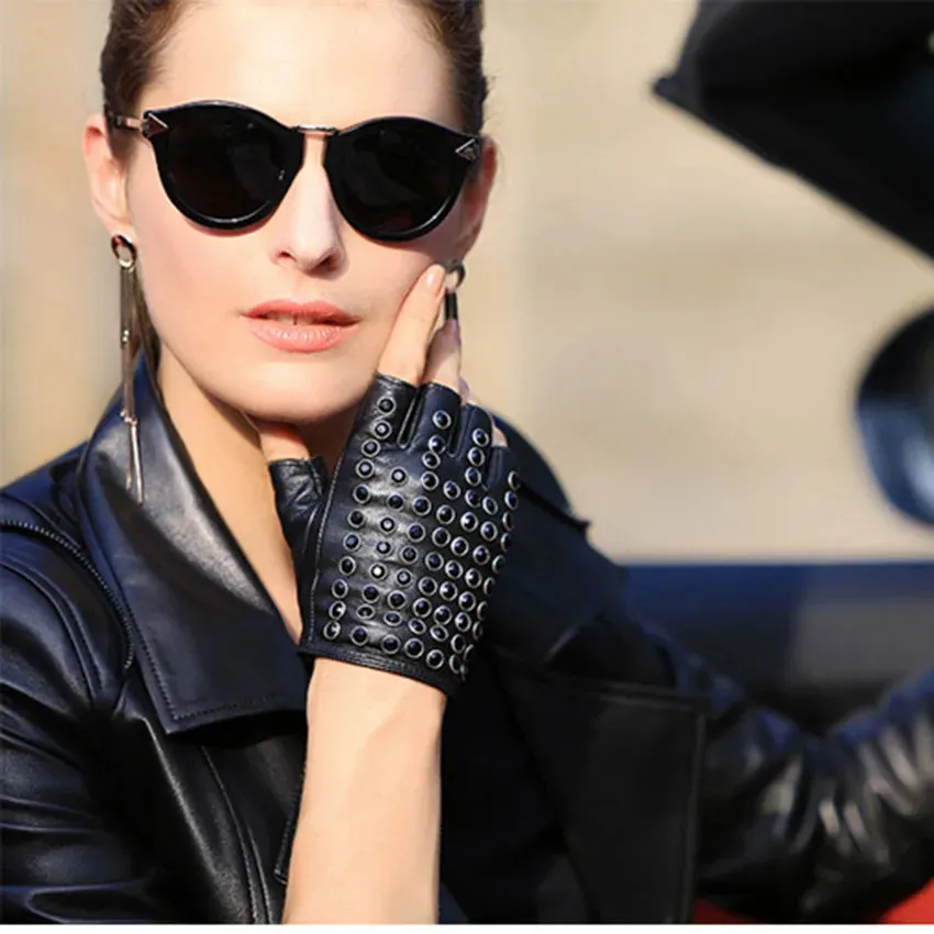Real Leather Gloves Female Spring Summer Thin Half Finger Driving Sheepskin Fingerless Mittens Rhinestones Women Gloves L116NN