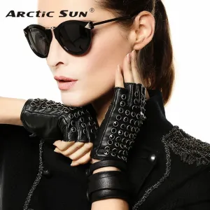 Real Leather Gloves Female Spring Summer Thin Half Finger Driving Sheepskin Fingerless Mittens Rhinestones Women Gloves L116NN