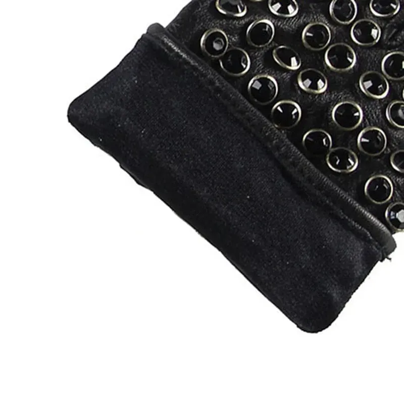 Real Leather Gloves Female Spring Summer Thin Half Finger Driving Sheepskin Fingerless Mittens Rhinestones Women Gloves L116NN