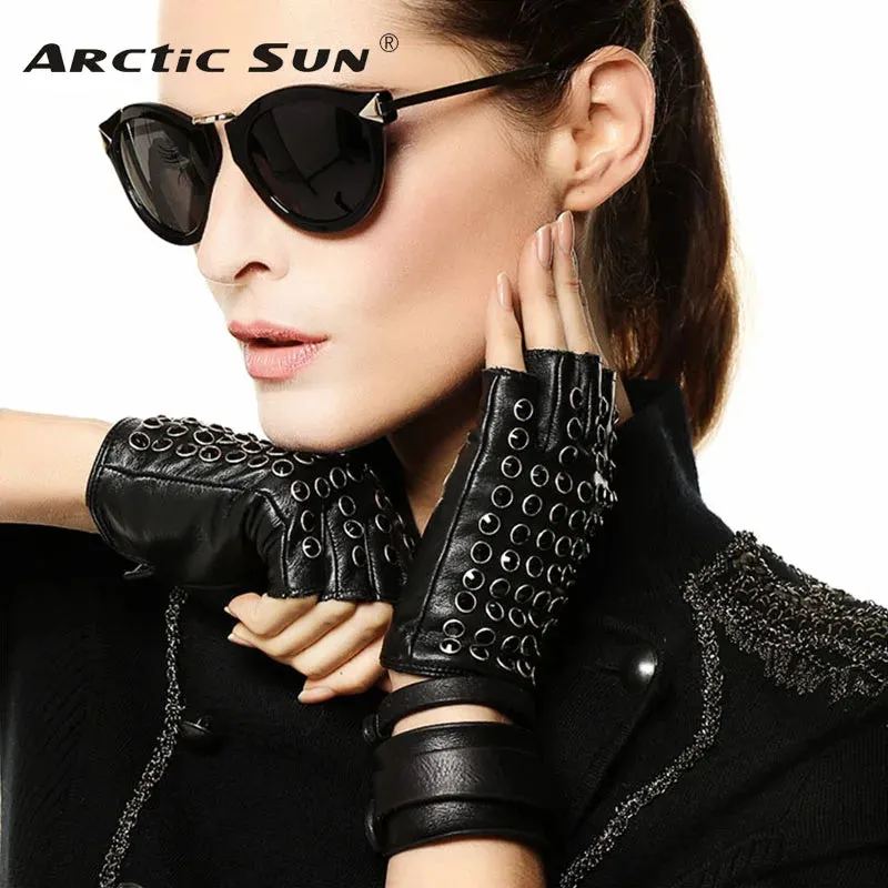 Real Leather Gloves Female Spring Summer Thin Half Finger Driving Sheepskin Fingerless Mittens Rhinestones Women Gloves L116NN
