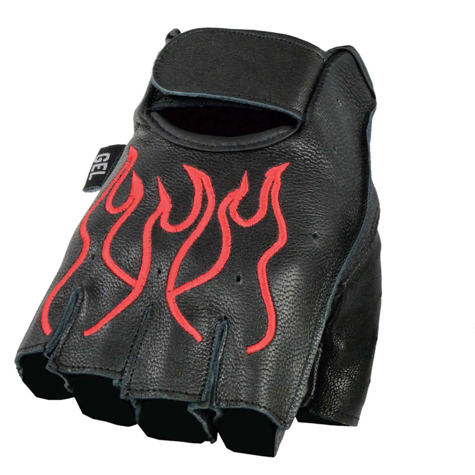 Red Flame SH198 Men's Black Leather Gel Padded Palm Fingerless Motorcycle Hand Gloves W/ ‘Red Flame Embroidered’