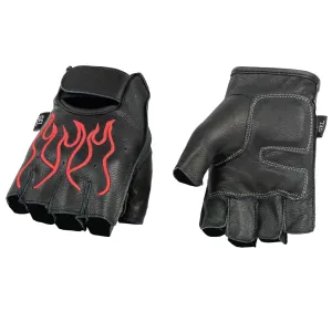 Red Flame SH198 Men's Black Leather Gel Padded Palm Fingerless Motorcycle Hand Gloves W/ ‘Red Flame Embroidered’