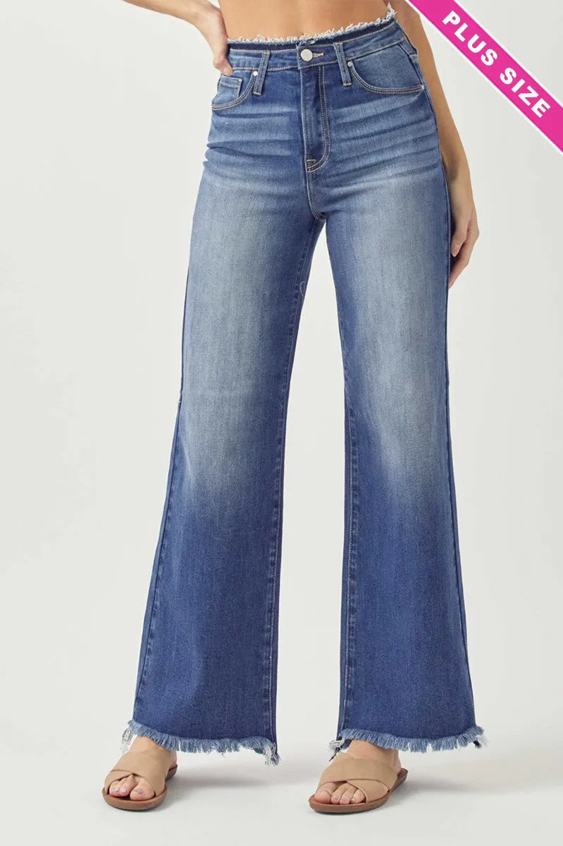 Risen High Rise Wide Leg Jeans with Raw Hem