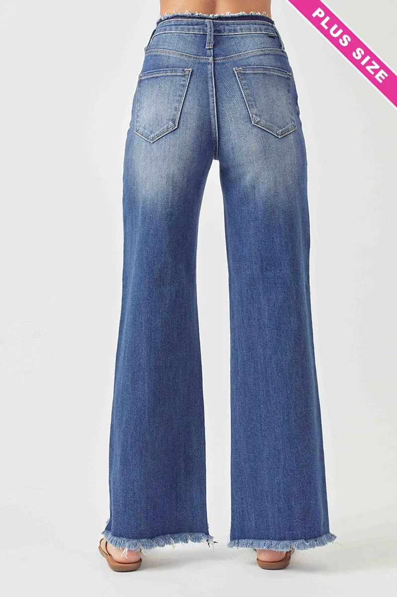 Risen High Rise Wide Leg Jeans with Raw Hem
