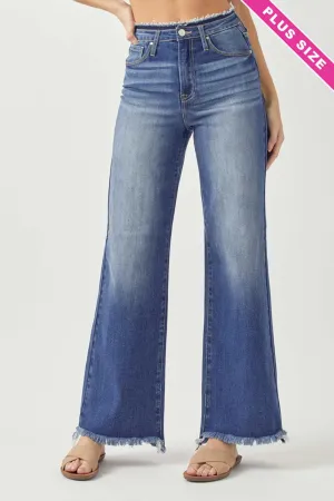 Risen High Rise Wide Leg Jeans with Raw Hem