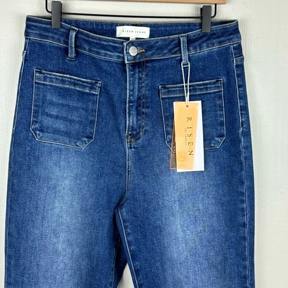 RISEN Jeans Womens 15/32 Blue High Rise Front Patch Pocket Flare Boho NWT
